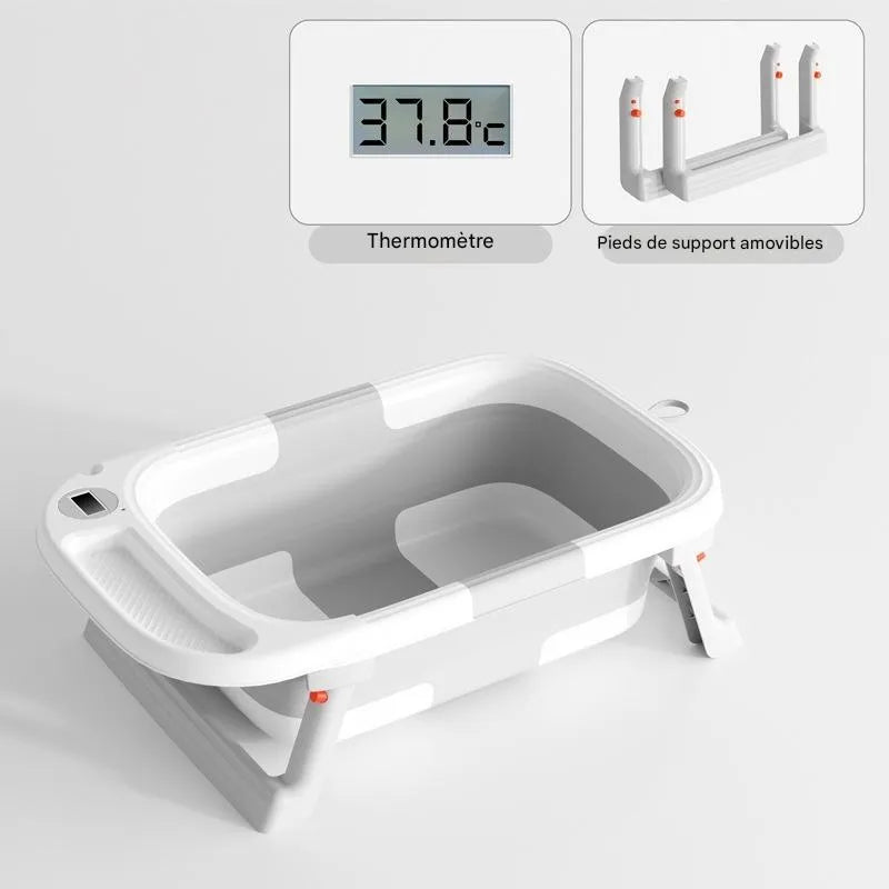 Baignoire bébé pliable grise avec thermomètre digital et pieds de support amovibles