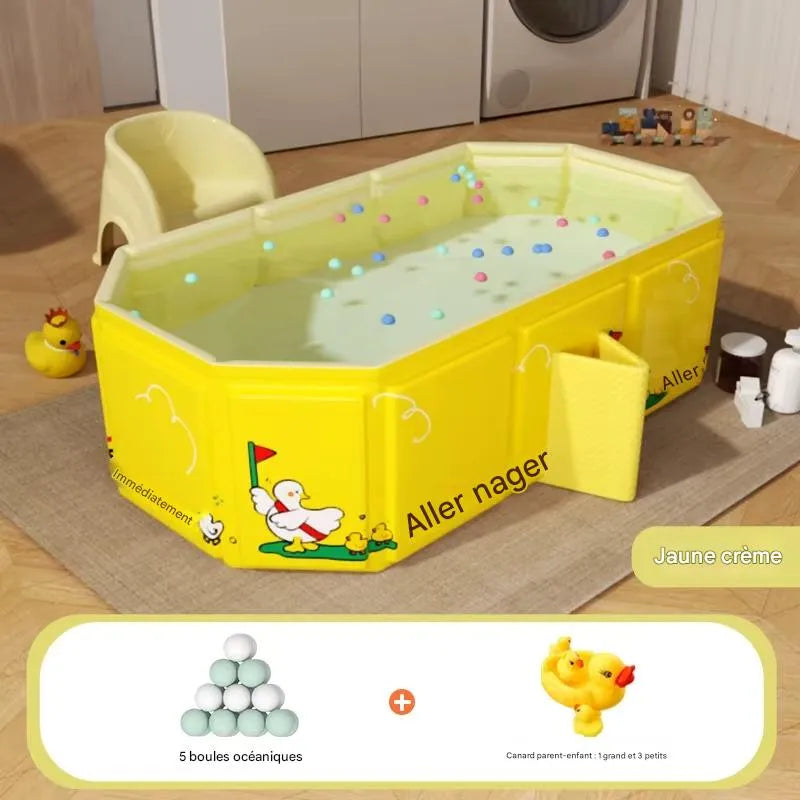 Variante jaune de la grande baignoire bébé pliable avec motif canard ludique