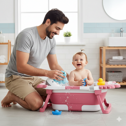 Un père souriant donne le bain à son bébé dans une baignoire pliable rose en forme de crabe avec coussin de maintien, dans une salle de bain moderne.