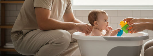 Papa donnant le bain à un nouveau-né dans une baignoire bébé adaptée dès la naissance, dans un environnement calme et sécurisé