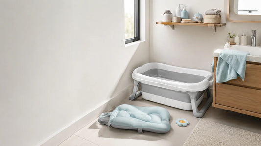 Accessoires de bain bébé compacts et faciles à ranger dans une petite salle de bain moderne