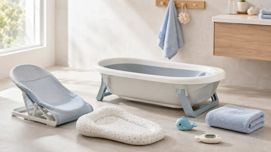 Accessoires de bain bébé essentiels disposés autour d’une baignoire bébé dans une salle de bain moderne et sécurisée