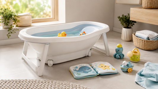 Accessoires de bain bébé inutiles ou déconseillés présentés à côté d’une baignoire bébé sécurisée dans une salle de bain moderne