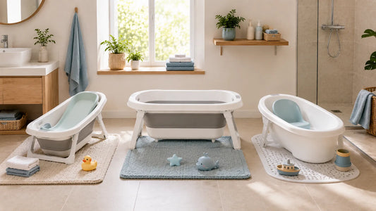Évolution du bain de bébé entre nouveau-né et bébé plus âgé dans une salle de bain moderne