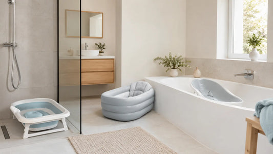 Différentes alternatives à la baignoire bébé présentées dans une salle de bain moderne adaptée aux jeunes parents