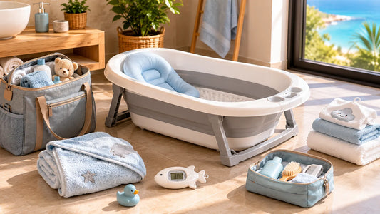 Organisation du bain de bébé en vacances avec baignoire de voyage et accessoires essentiels