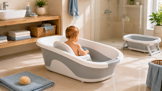 Baignoire bébé avec siège intégré utilisée dans une salle de bain moderne pour faciliter le maintien de bébé pendant le bain