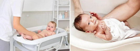 Parent donnant le bain quotidien à bébé avec une baignoire confortable et stable