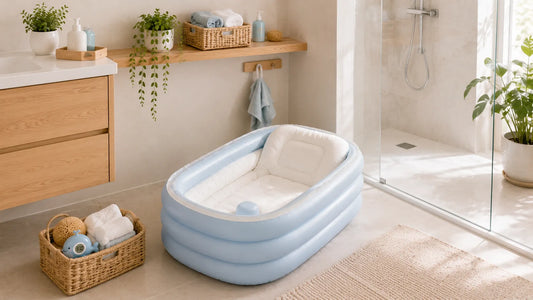 Baignoire bébé gonflable installée en toute sécurité dans une salle de bain moderne avec fond stable et environnement sécurisé