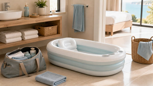 Baignoire bébé gonflable utilisée en voyage dans une salle de bain d’hôtel avec équipement bébé transportable
