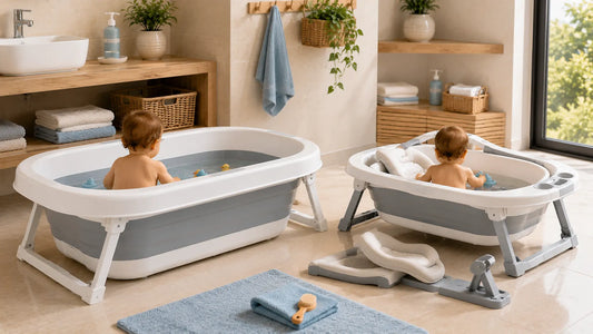 Comparatif entre une grande baignoire bébé XXL et une baignoire bébé évolutive dans une salle de bain familiale