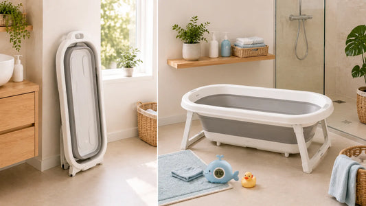 Baignoire bébé pliable moderne illustrant ses avantages de rangement et ses limites d’utilisation dans une salle de bain familiale
