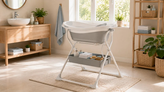 Baignoire bébé sur pied moderne installée à hauteur confortable dans une salle de bain familiale