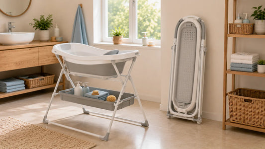 Baignoire bébé sur pied pliable moderne illustrant le compromis entre confort, stabilité et gain de place