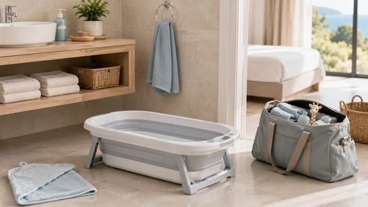 Baignoire bébé de voyage compacte et transportable utilisée lors d’un déplacement familial