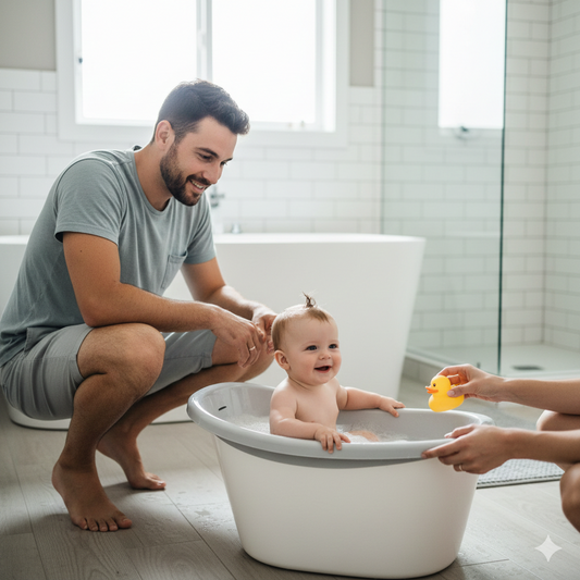 bébé dans une baignoire bébé sécurisée comparée à une baignoire adulte en arrière-plan