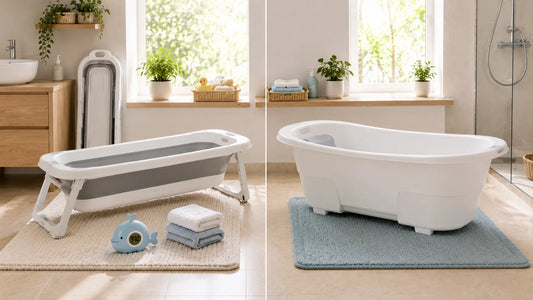 Comparatif entre une baignoire bébé pliable et une baignoire bébé rigide dans une salle de bain moderne
