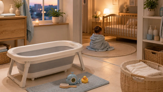 Bébé détendu après le bain dans une ambiance calme favorisant le sommeil dans une chambre et salle de bain harmonieuses