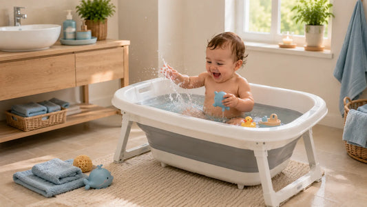 Organisation simple et sécurisée du bain de bébé dans une salle de bain moderne