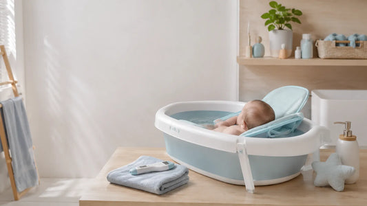 Baignoire bébé sécurisée avec fond antidérapant et accessoires limitant les risques de glissade pendant le bain