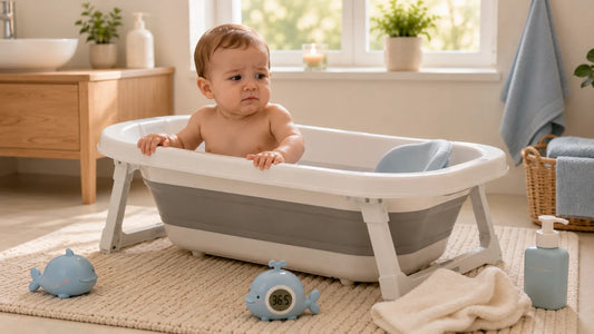 Bébé énergique dans une baignoire bébé sécurisée pendant le bain