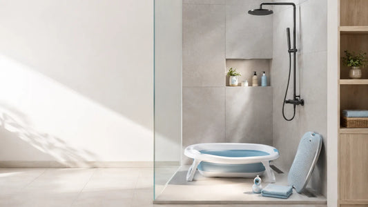 Baignoire bébé installée dans une douche à l’italienne pour donner le bain à bébé en toute sécurité