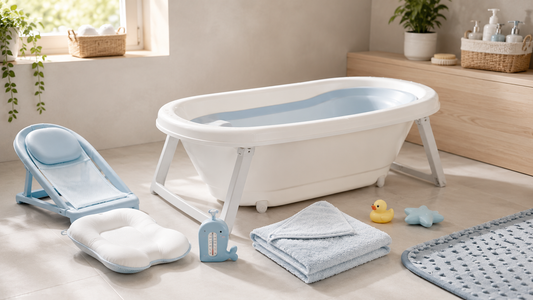 Accessoires essentiels pour un bain bébé sécurisé et pratique disposés autour d’une baignoire bébé dans une salle de bain moderne