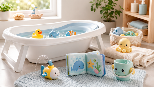 Accessoires de bain bébé inutiles ou déconseillés présentés à côté d’une baignoire bébé sécurisée dans une salle de bain moderne