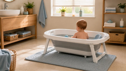 Baignoire bébé sans surveillance dans une salle de bain moderne illustrant les risques liés à l’absence momentanée d’un adulte
