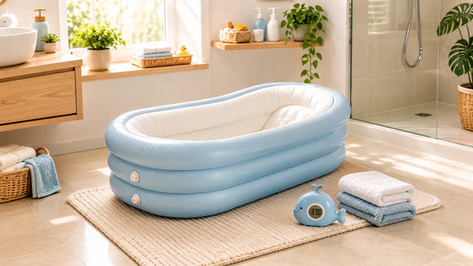 Baignoire bébé gonflable installée en toute sécurité dans une salle de bain moderne avec fond stable et environnement sécurisé