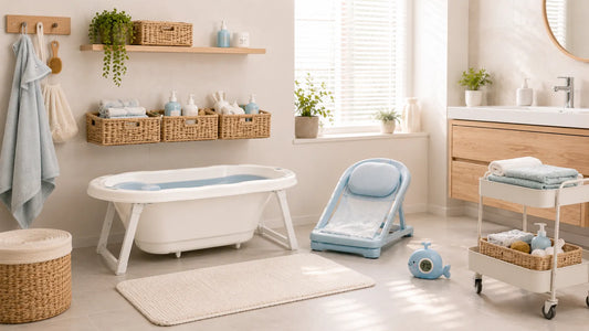 Salle de bain parfaitement organisée pour le bain de bébé avec baignoire bébé et accessoires rangés à portée de main