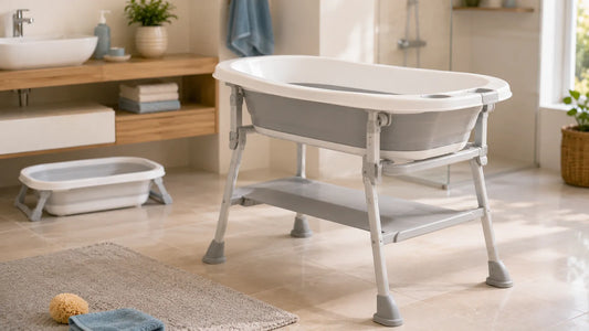 Pieds de baignoire bébé stables et sécurisés installés sous une baignoire bébé dans une salle de bain moderne