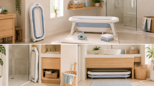 Baignoire bébé pliable moderne illustrant ses avantages de rangement et ses limites d’utilisation dans une salle de bain familiale