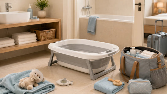 Baignoire bébé portable installée dans une salle de bain d’hôtel ou chez des proches pour le bain en déplacement