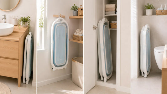 Baignoire bébé pliable rangée dans une petite salle de bain optimisée avec solutions de rangement gain de place