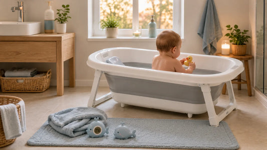 Routine du bain d’un bébé de 3 à 6 mois dans une baignoire bébé adaptée avec environnement calme et sécurisé