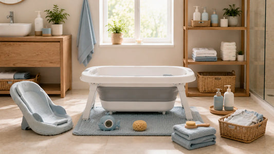 Organisation simple et efficace de la routine du bain de bébé avec baignoire et accessoires à portée de main
