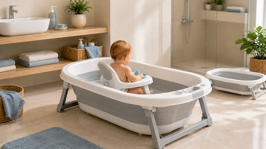 Siège de bain bébé installé dans une baignoire bébé avec mise en avant de la stabilité et de l’âge adapté