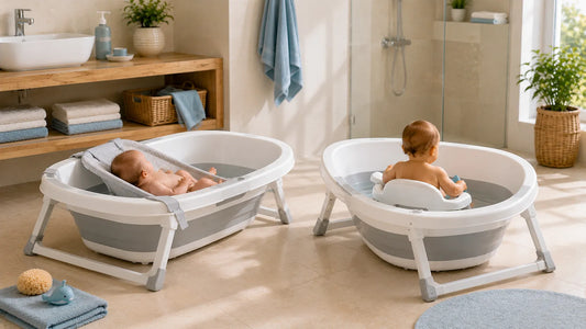 Comparatif entre un siège de bain bébé et un transat de bain bébé dans une baignoire moderne