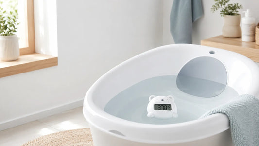 Thermomètre de bain bébé flottant affichant une température adaptée dans une baignoire bébé moderne