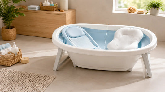 Comparatif entre un transat de bain bébé et un coussin de bain installé dans une baignoire bébé moderne