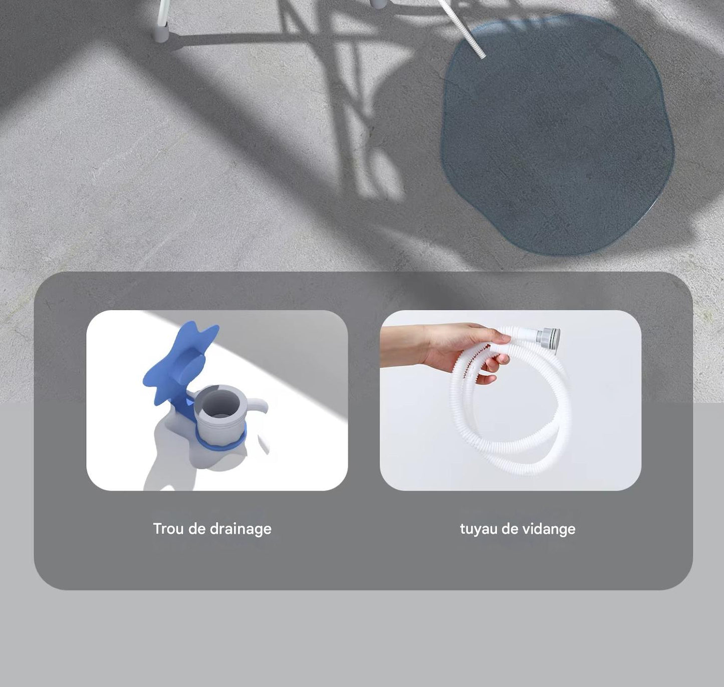 Trou de drainage et tuyaux  baignoire bébé sur pied