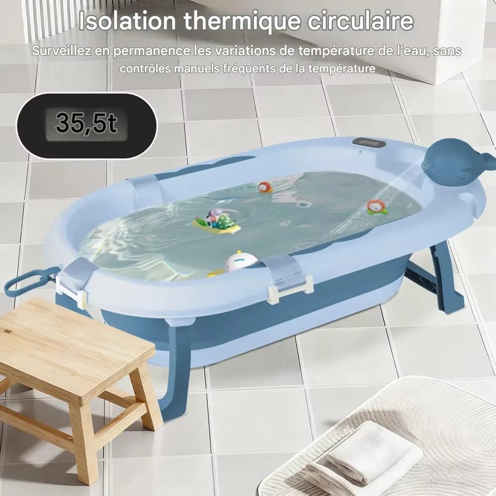 Baignoire bébé bleue avec affichage de la température de l’eau