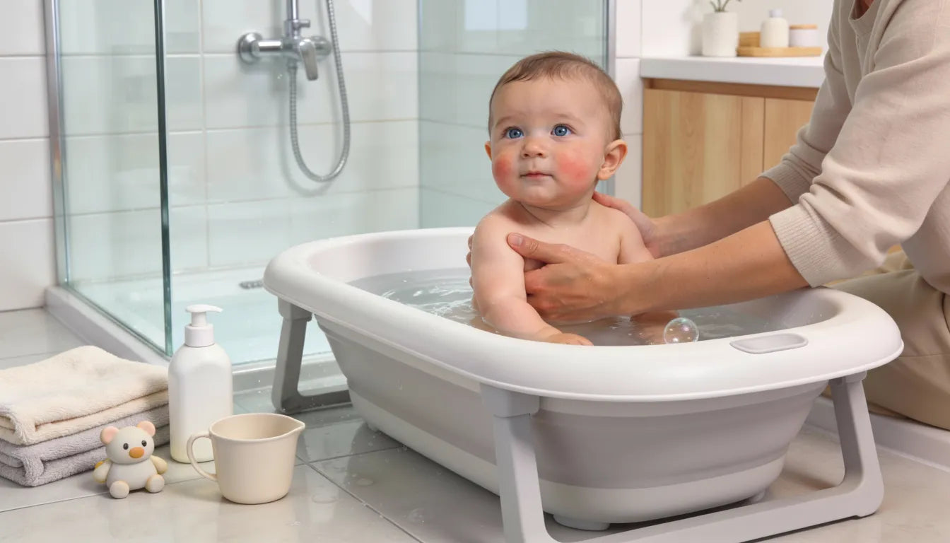  Baignoire bébé utilisée dans un espace douche avec maman