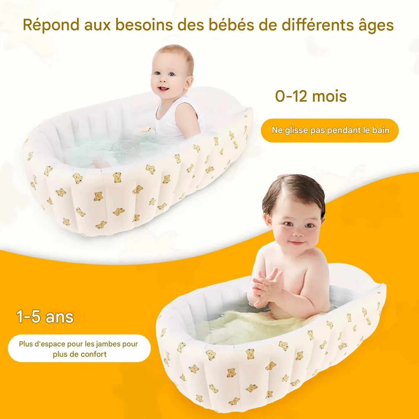 Baignoire bébé gonflable adaptée aux bébés de 0 à 5 ans en position assise ou allongée