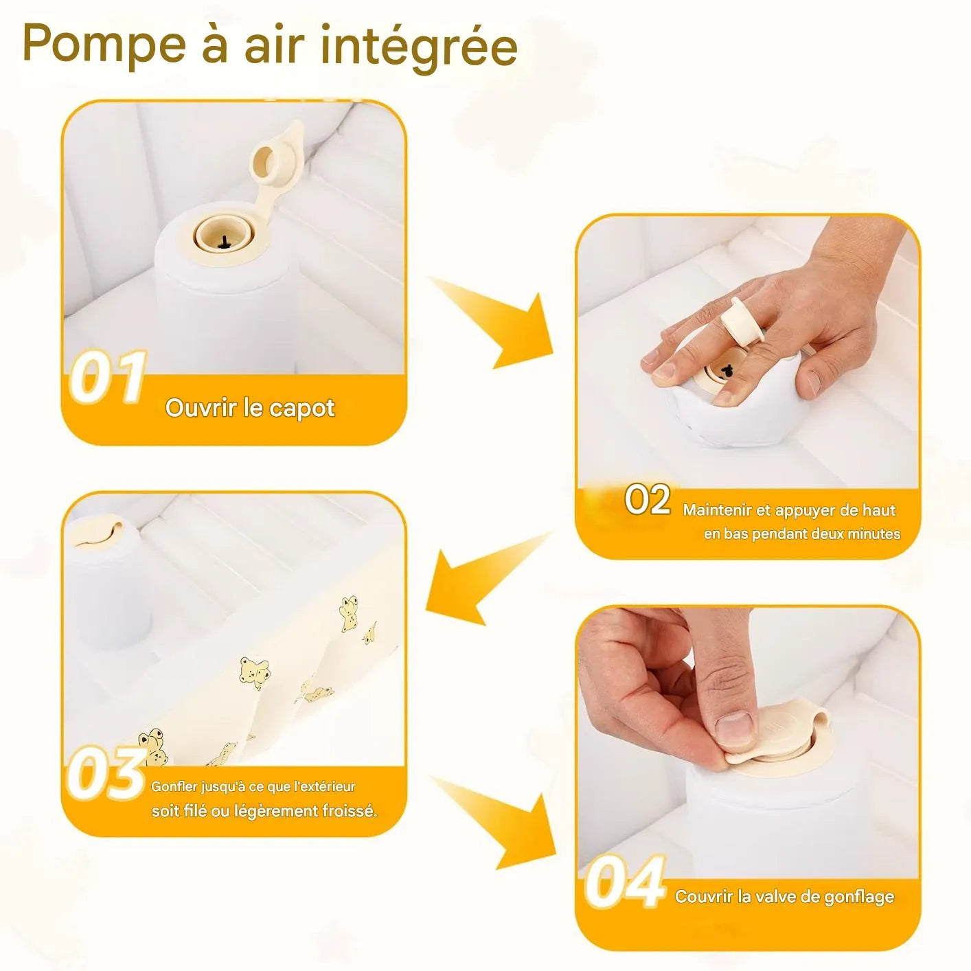 Étapes de gonflage de la baignoire bébé gonflable avec pompe intégrée et valve sécurisée