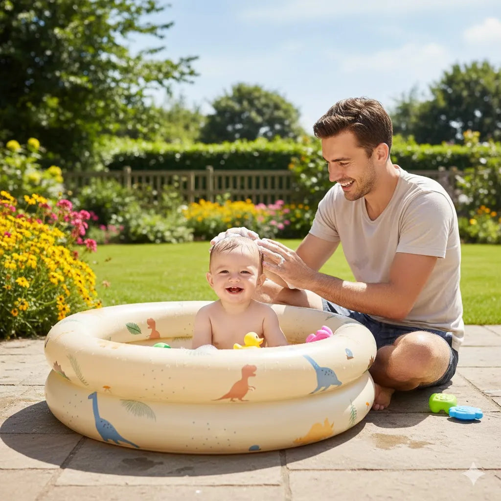 Baignoire-pataugeoire pour bébé de couleur beige avec un motif de dinosaure et un papa en train de laver son bébé.