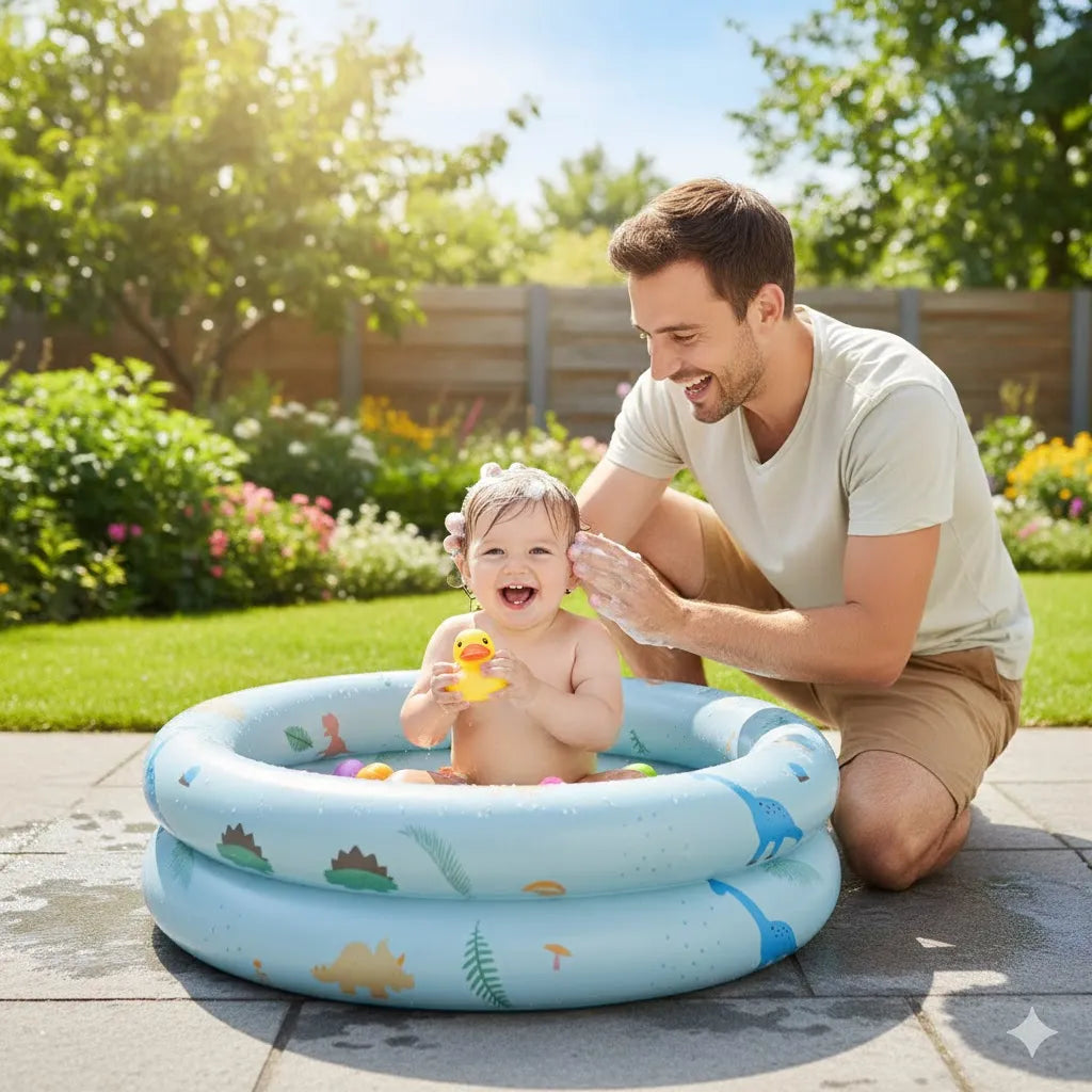 Baignoire-pataugeoire pour bébé de couleur bleue avec un motif de dinosaure et un papa en train de laver son bébé.