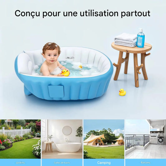 Baignoire pour bébé gonflable et portable de couleur bleue avec bébé à l'intérieur.