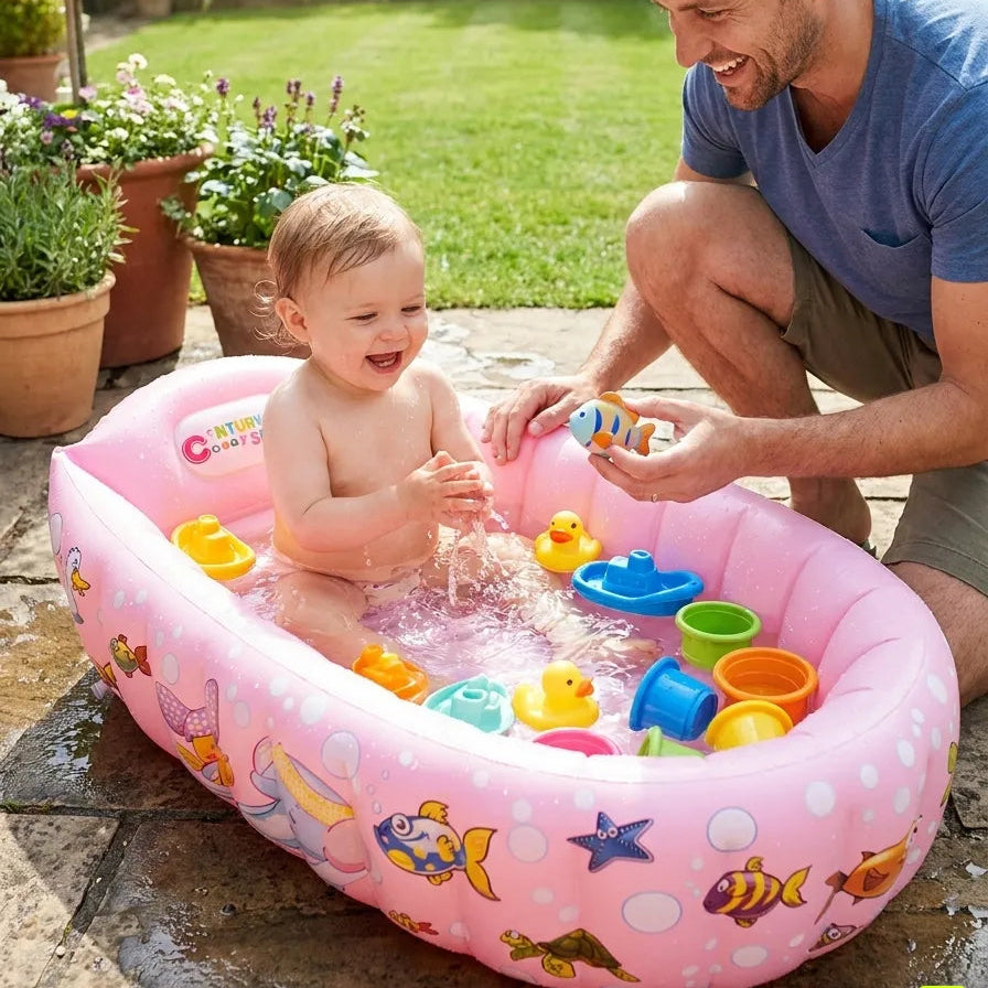 Baignoire bebe gonflable jaune avec dossier bleu sur fond clair